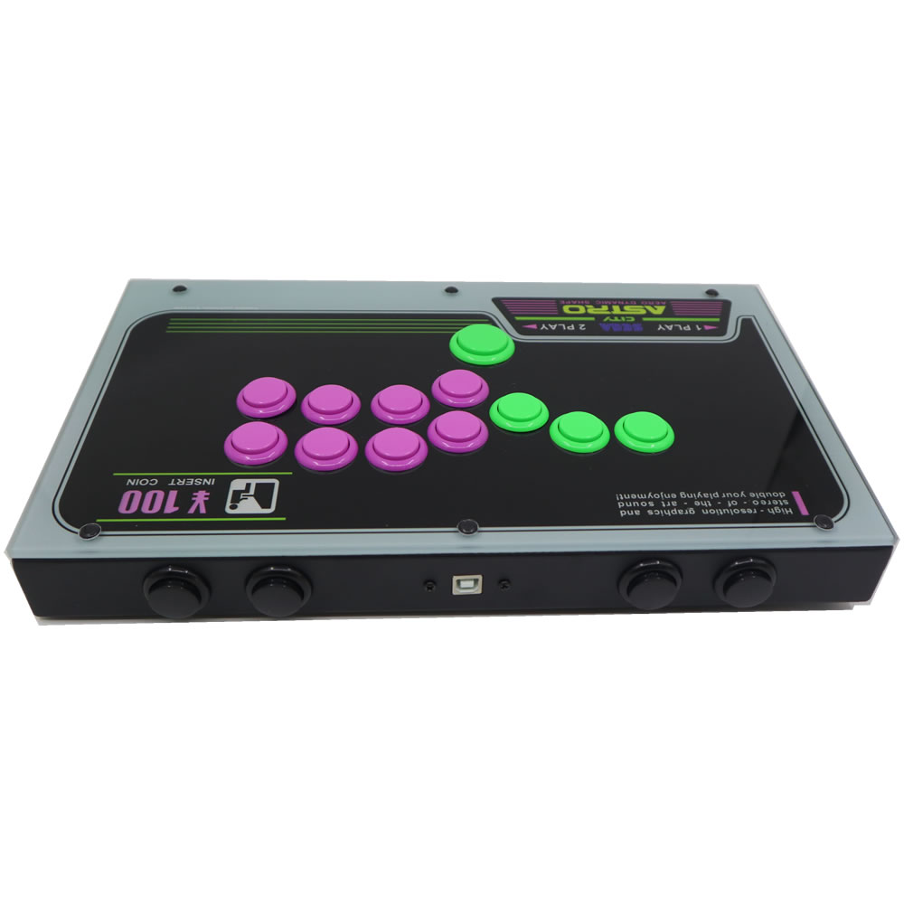 FightBox F1 Leverless Controller Front Ports View FightBox F1 leverless arcade controller front view showing USB port and metal case profile