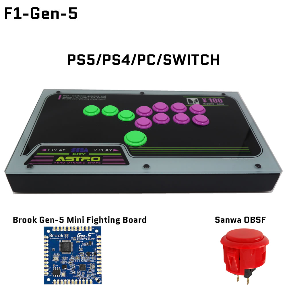 FightBox F1 Brook Gen-5 Board and Sanwa Button Components FightBox F1 leverless controller compatible with PS5 PS4 PC Switch featuring Brook Gen-5 board and Sanwa OBSF buttons