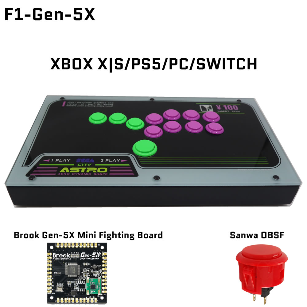 FightBox F1 Brook Gen-5X Board and Sanwa Button Components FightBox F1 leverless controller compatible with Xbox Series X|S PS5 PC Switch featuring Brook Gen-5X board and Sanwa OBSF buttons