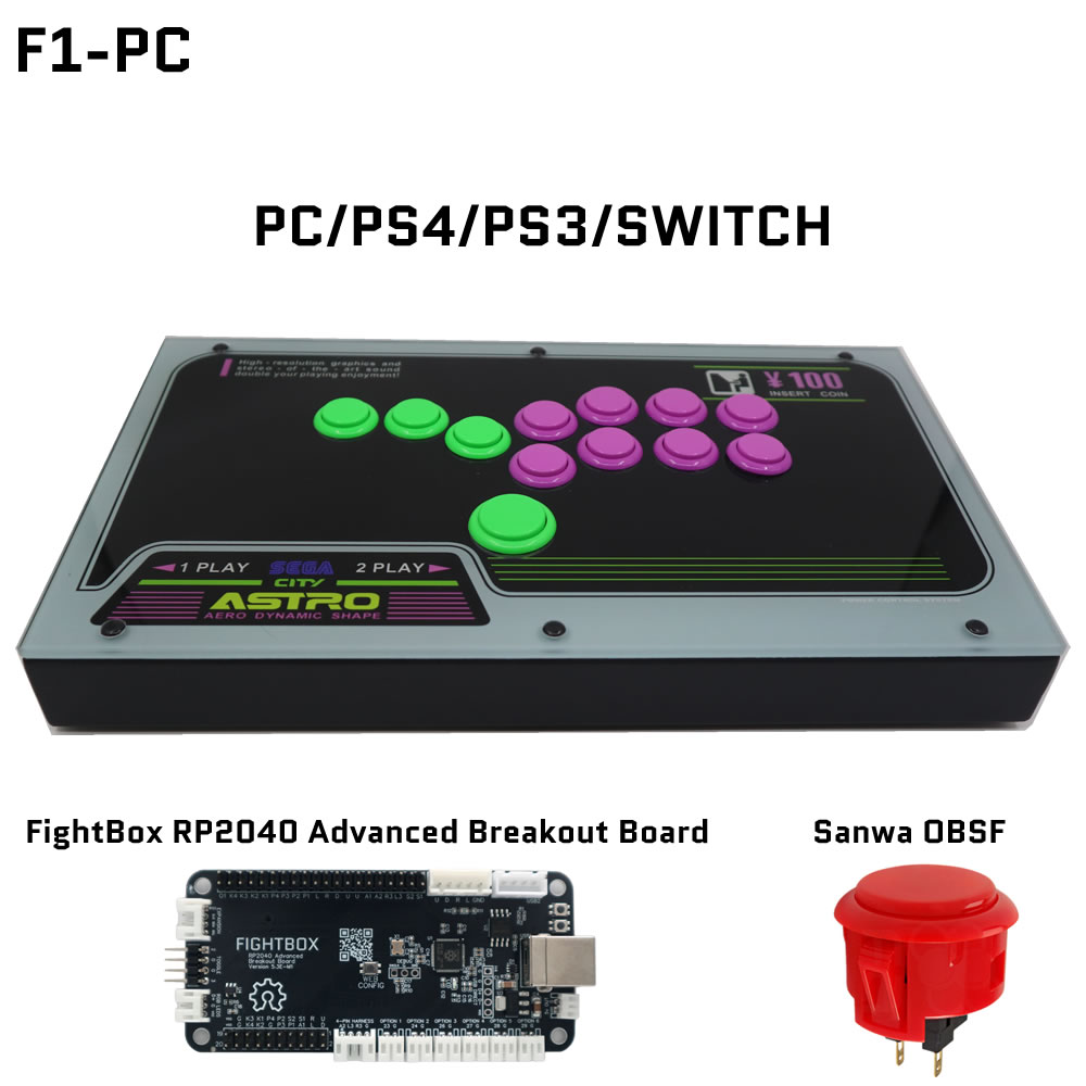 FightBox F1 RP2040 Board and Sanwa Button Components FightBox F1 leverless controller compatible with PC PS4 PS3 Switch featuring RP2040 breakout board and Sanwa OBSF buttons
